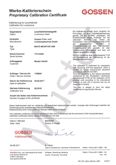 Werks-Kalibrierschein Standardausführung für MAVOSPEC BASE / LITE